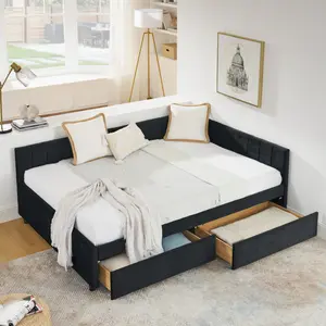 Full Size Upholstered Bed Frame with Two Storage Drawers, Sofa Bed Frame with Comfortable Backrest and Armrests, Velvet, Black(79.5''x58''x25'')