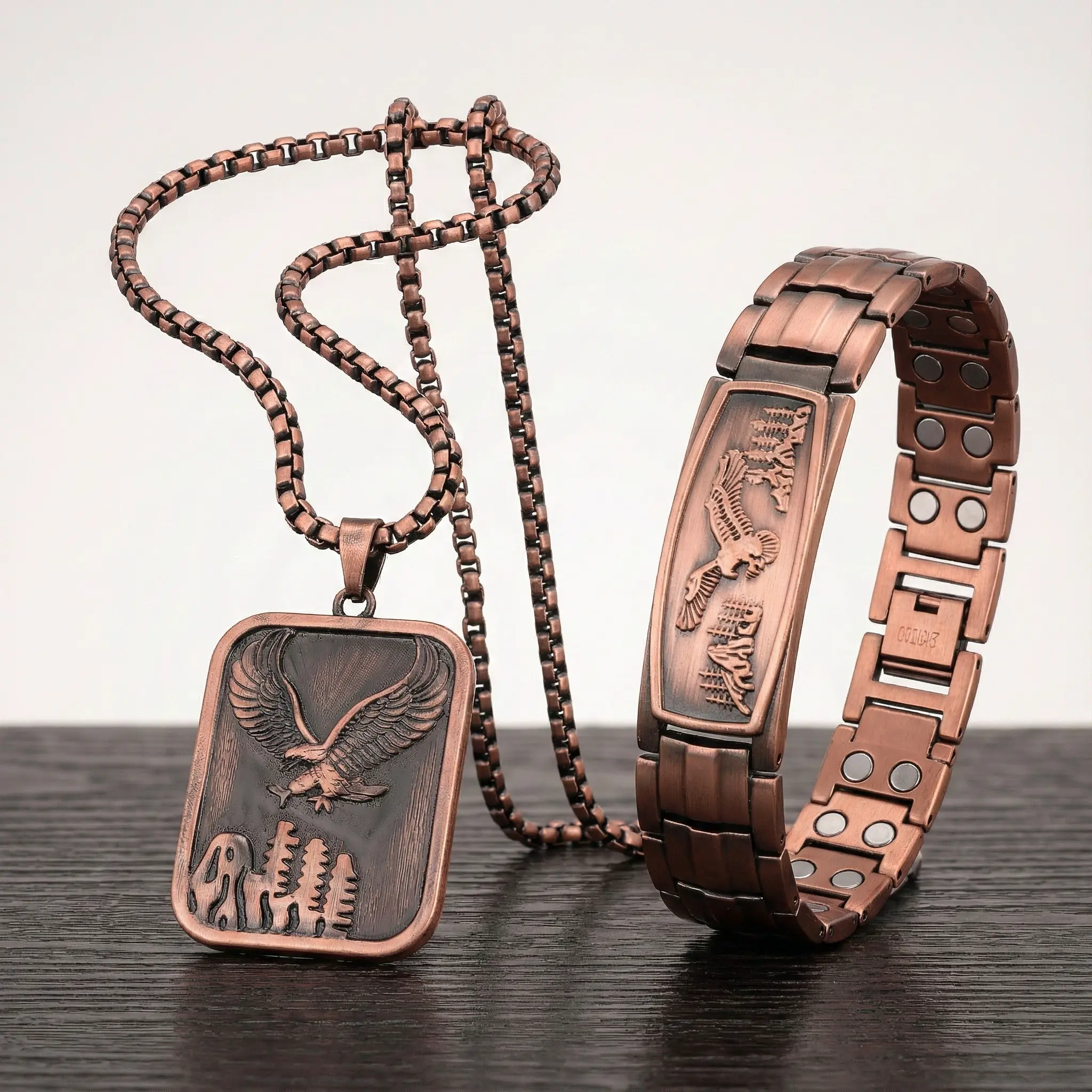 99.99% Pure Copper Magnetic Eagle Jewelry Set - Men's Bracelet & Pendant Necklace, Vintage Fashion Everyday Accessory, Unique Thoughtful Daily Gift
