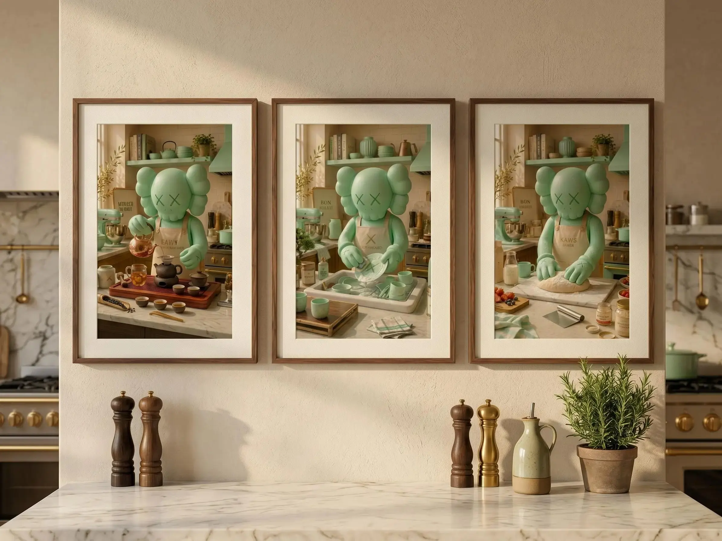 Set Of 3 Green Kaws Kitchen Wall Art Posters - Hypebeast Graffiti Figure Prints, Dopamine Companion Style Trendy Home Decor