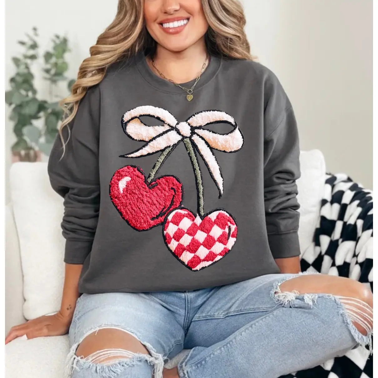Vday Faux Fuzzy Cherry DTF Print ( not patch), Latch Hook Cherry, Retro Valentine's, Trendy Valentine, Fun Valentines Sweatshirt