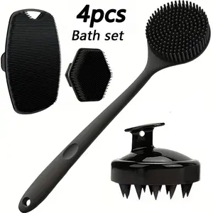 4pcs Shower Brush Set | Gentle Frosted Long Handle Silicone Bath Brush With Soft Bristles For Back, Face, Body, And Scalp Massage | Effectively Removes Dead Skin, Non-Slip Grip For Deep Cleaning | Exfoliating Shower Scrubber