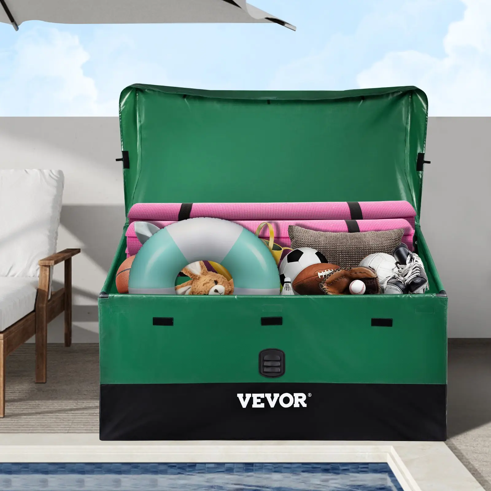 【Summerfinds】VEVOR 100 Gal Plastic Industrial Outdoor Storage Box, Waterproof PE Tarpaulin Deck Box with Galvanized Frame, Cover, Light Organizer, Portable Side Handles, Easy Assembly, All-Weather Protection for Garden, Poolside, 48" X 24.8" X 29.5" X 20.