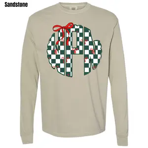 Christmas Checker Monogram Long Sleeve Comfort Colors T-Shirt 'NLB'