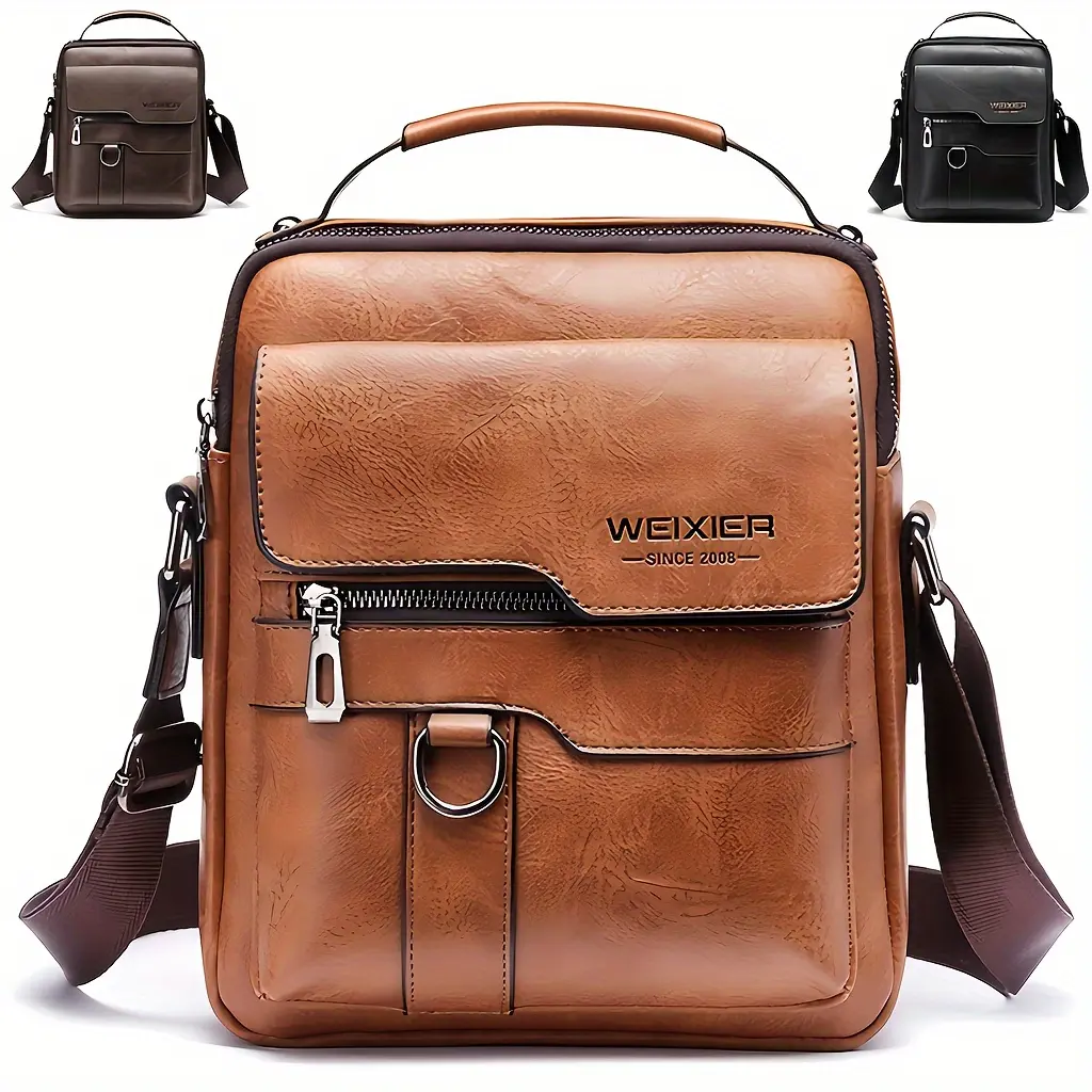 [retro Crossbody Bag] WEIXIER retro Brown Crossbody Bag |           Casual Business Adjustable Shoulder Strap Single Shoulder Bag, Multi-compartment, Zipper Closure, Polyester Lining