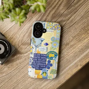 Blue Lemon Aesthetic Phone Case – Vintage Mediterranean Inspired Collage Design With Flowers And Quotes, Soft Pastel Art Style, Slim Protective Case