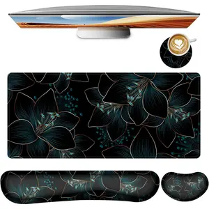 Keyboard  Pad Set,Large Gaming  Pad+Keyboard Wrist Rest+Wrist Rest+Coaster,Computer Desk pad Set Wrist Support for Office Desktop Laptop. (35.4" x 15.7") Extended Desk Mat (Floral)