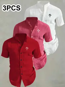 3-Pack Men's Summer Short Sleeve Shirts, Classic Breathable Solid Collar Button-Up, Ideal for Beach Pool, Casual Swimwear, Perfect for Summer