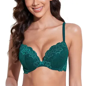 Deyllo Women's Push Up Lace Bra Comfort Padded Underwire Bra with Floral Overlay & Foam Cups for Full Support and Secure Fit