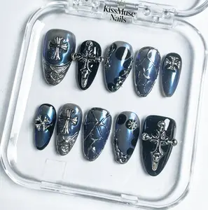 KissMuse Nails 2025 | Piper Black Set |  ST-T003 | Midnight Armor | 10PCS 100% Handmade Press-On Nails | Reusable Colorful Art