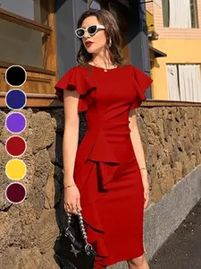 French Ruffle Slim Fit Bodycon Dress, Elegant Waist Cinching, Plain Pattern, All Seasons, Women's Fashion