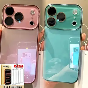 Luxury Tempered Glass Camera Protection Smartphone Case, Plated Shockproof Bumper Hard Back Casing for iPhone 17/16/15/14/13/12 Pro Max, Includes Tempered Glass Screen Protector – Cellphone Handheld Accessories