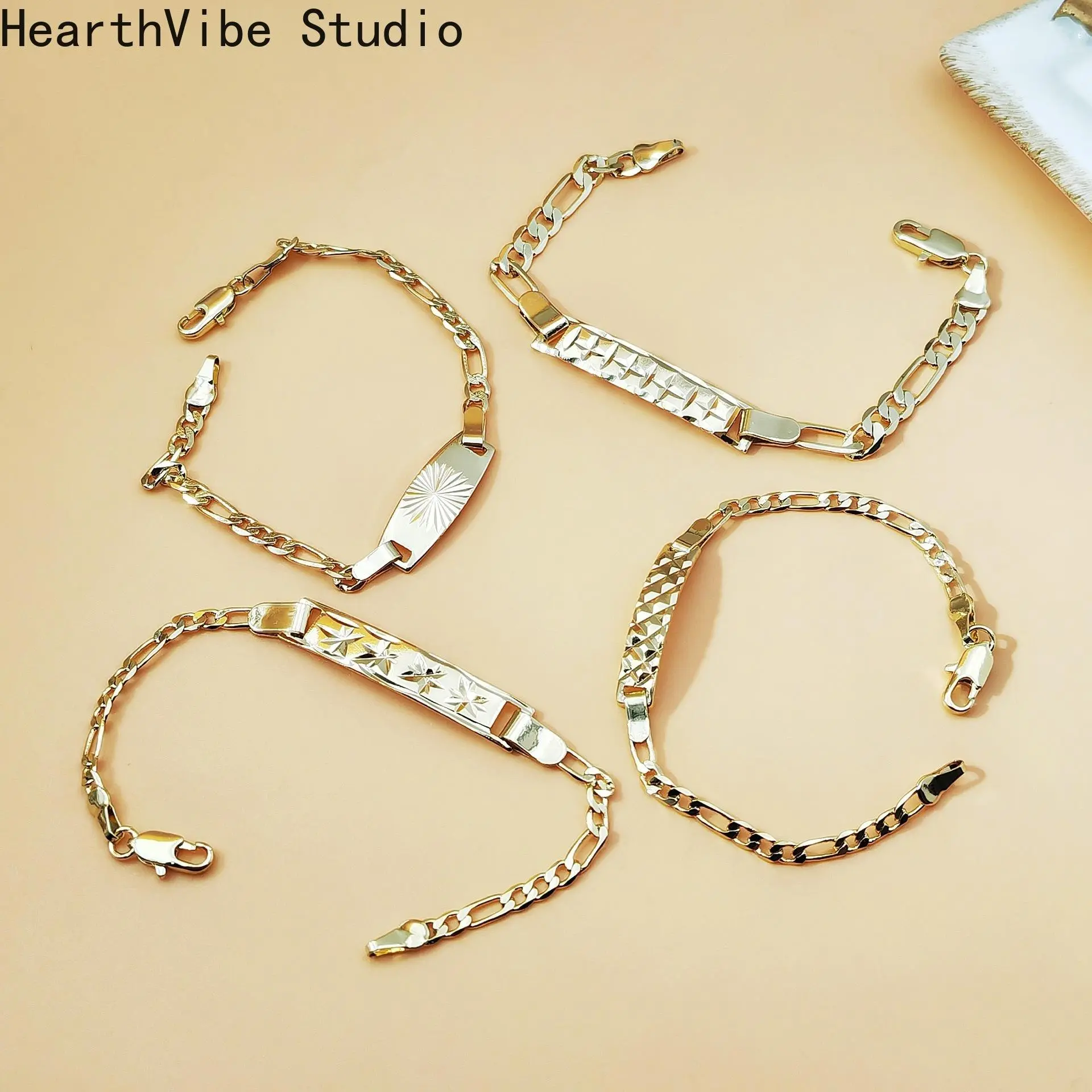 18K Gold-Plated Figaro Chain Bracelet — Vintage Engraved Cuban Link Jewelry (Unisex)