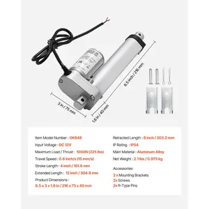 VEVOR 12V Linear Actuator, 4 Inch High Speed 0.6/s Linear Motion Actuator, 225lbs/1000N with IP54 Protection Mounting Bracket for Lift Desk, Recliner Chairs, Window Door Opener