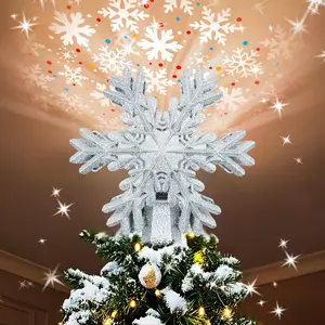 Christmas Snowflake Tree Topper with Rotating LED Projector,  Glitter Snowflake Plug-in Tree Top Ornament for Indoor Christmas Tree Decorations Holiday Decor