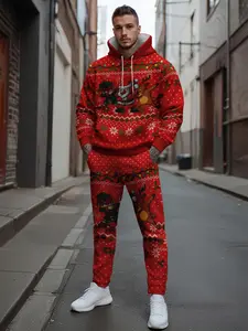 Trendy Christmas Elf Reindeer Print Hoodie Set, Long Sleeve Fitted Casual Sportswear, Perfect for Running & Outdoor Activities, Graphic Tracksuit