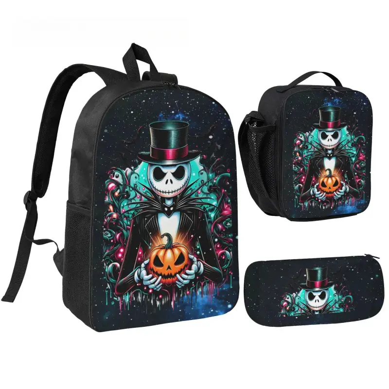 Three Piece Set The Nightmare Before12 Christmas Printed Backpack Waterproof Curved Adjustable Shoulder Strap High Capacity Mesh Messenger Bag