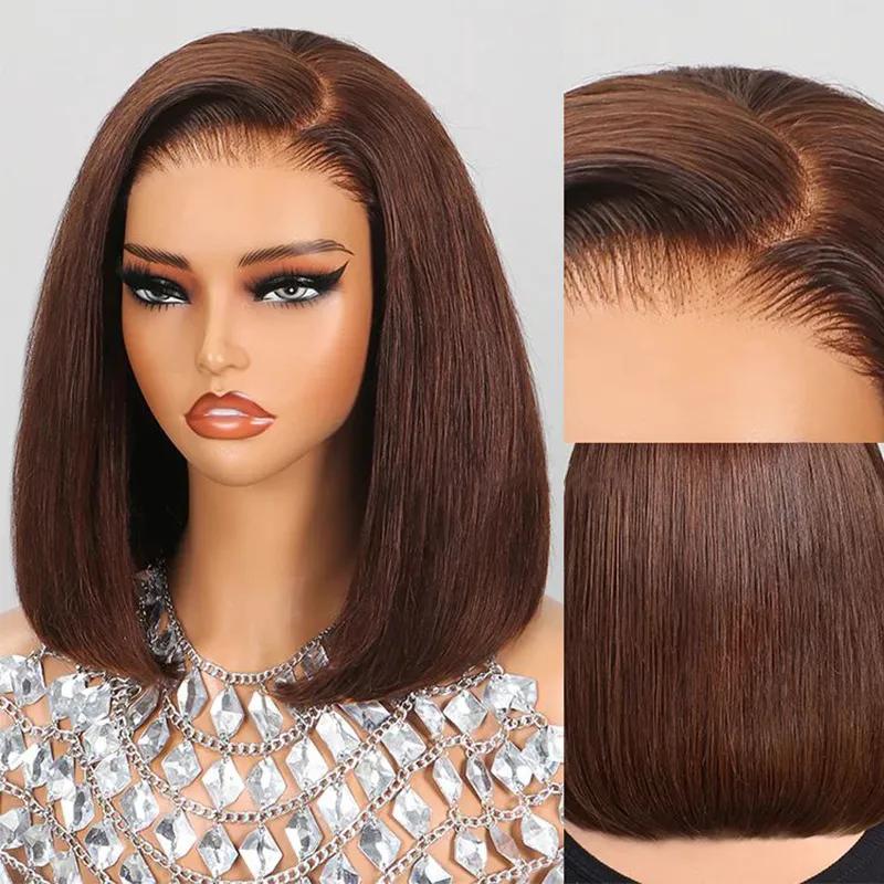 200% Density Brown Bob Wig Human Hair 13x4 HD Lace Frontal Short Straight Lace Front Bob Wigs For Black Women Chocolate Brown Human Hair Wig Pre Plucked Glueless Side Part Chocolate Brown Wig 10 Inch