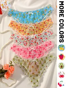 5-Pack Mesh Fruit Print Triangle Briefs, All Seasons Briefs, Women's Low-Waist Bow Design Breathable Everyday Underwear, Cute Slim-Fitting Pajama Bottoms, Breathable Lightweight Undies