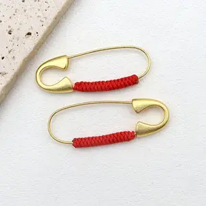 2pcs Handcrafted Golden Safety Pins with Red Braided Cords