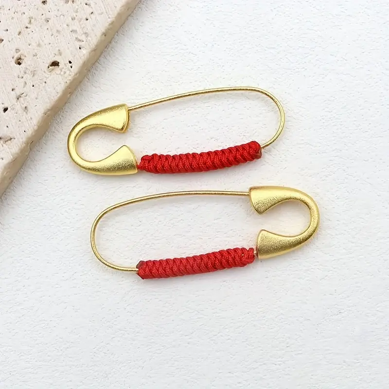 2pcs Handcrafted Golden Safety Pins with Red Braided Cords Sewing Pins Sewing Supplies