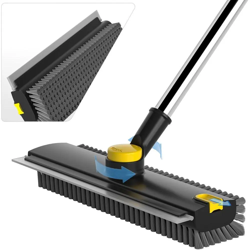 Extended Ergonomic Long Handle 3-in-1 Floor Scrubbing Brush Detachable Replaceable Scrape Edge Blade Long Lifespan Stiff Bristles, Multi-Zone Clean Tool for Shower Bathroom Pool Backyard Garage Kitchen Wall Exterior Balcony Deck Black&Yellow