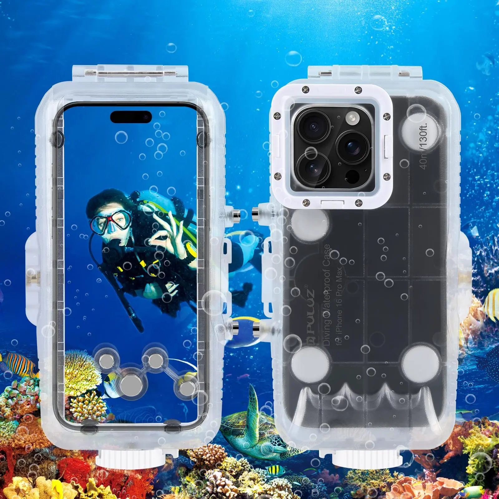 PULUZ 40m/130ft Waterproof Diving Housing Cover for iPhone 16 Pro Max Smartphone/Cellphone, Handheld Photo Video Case with Lanyard & Cleaning Cloth, Protection