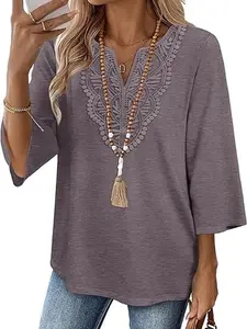 Length Sleeve Womens Tops Boho V Neck Lace Shirt Trendy Blouses Dressy Casual Vacation Clothes