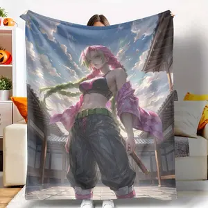 Anime Character Mitsuri Kanroji Inspired Flannel Blanket, Featuring Vibrant Pink & Green Braided Hair, Captivating Expression & Iconic Checkered Jacket, Ultrasoft Cozy Durable, Ideal for Anime Fans, Room Decor & Gifting Occasions