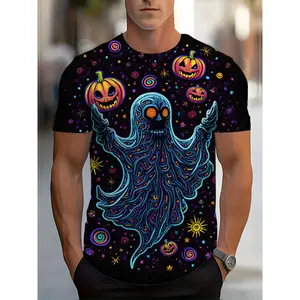 Men's Polyester Casual Short-Sleeve Round Neck Streetwear T-Shirt - 3D Neon Ghost Print, Psychedelic Halloween Graphic, Swirling Cosmic Patterns, Vibrant Rainbow Glow on Black Clothes for Summer Parties