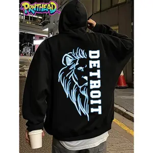 Men's Detroit Lion Graphic Back Print Hoodie - Cotton Blend Black Long Sleeve Pullover Regular Fit Soft Breathable Durable Print Everyday Comfort Machine Washable Streetwear Urban Night Menswear Fitness Polyester Sweatshirts