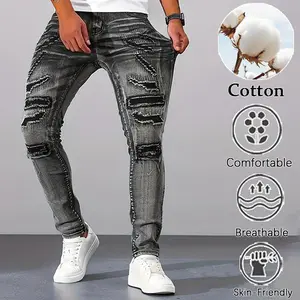 Men's Grey Distressed Ripped Jeans | Slim Fit Stretch Denim Pants | Biker Style Patchwork Trousers for Streetwear & Hip Hop Outfits