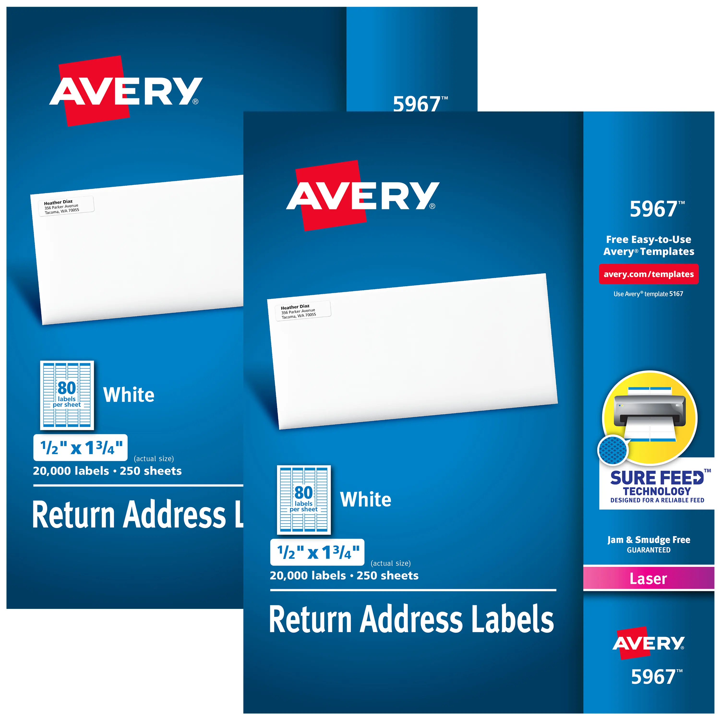 Avery Printable Return Address Labels with Sure Feed, 0.5" x 1.75", White, 2 Packs, 40,000 Blank Mailing Labels Total (21921), Party Favor Bags, Classroom Labels