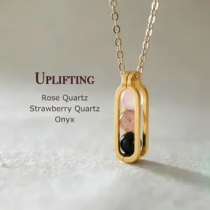 Uplifting Crystal Necklace, Rose Quartz Strawberry Quartz Onyx Floating Stone Cage Pendant Necklace, Minimalist Golden Inspirational New Beginning Jewelry, Encouraging Gift for Women