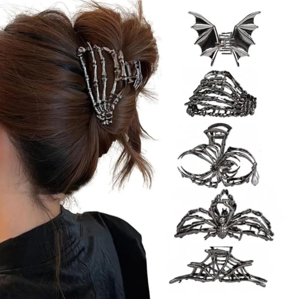 5PCS Black Spider Web Skeleton Hand Skull Hair Claw Clips for Women And Girls, Hiphop Metal Large Medium Size for Thick Thin Hair, Headband Barrette for styling Hair Accessories Party Gift (Black Gun)