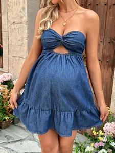 BELLAdresses Maternity Twisted Cutout Bust Denim Tube Dress,Year-Round,For Spring Summer Holiday