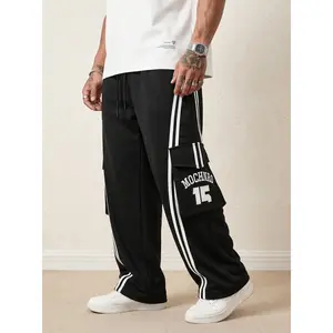 Men's Black Athletic Pants with White Side Stripes & Embroidery Design, Casual Gym Wear Sweatpants, Tracksuit Sports Bottoms, Athleisure Streetwear Style, Drawstring Straight Leg Workout Pants, Hip Hop Skateboard Fashion Daily Casual Trousers for Men tikt