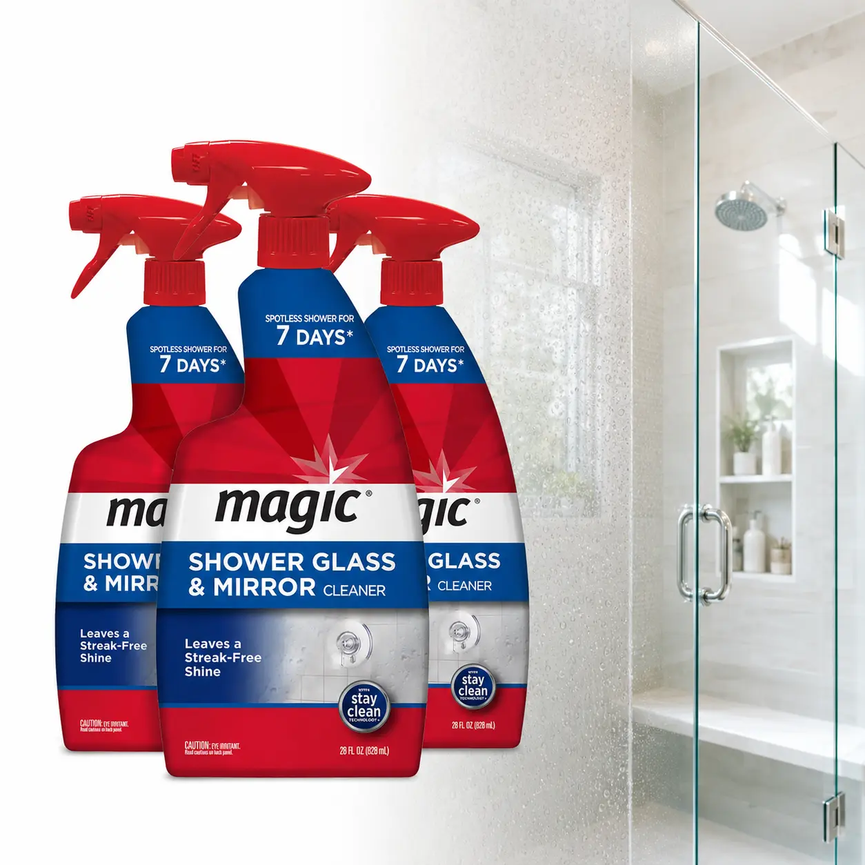 Magic 28 oz. Glass Cleaner Spray for Shower and Mirror,shower doors,bathroom mirrors,vanity mirror,hard water stains,soap scum,rust stains,mold stains,residue,streak-free,fog-free,water beading,protective coating,spray bottle,weekly maintenance,bathrooms