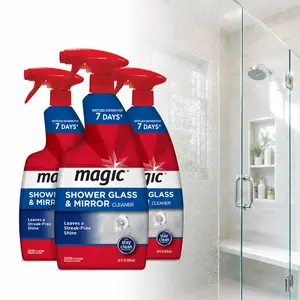 Magic 28 oz. Glass Cleaner Spray for Shower and Mirror,shower doors,bathroom mirrors,vanity mirror,hard water stains,soap scum,rust stains,mold stains,residue,streak-free,fog-free,water beading,protective coating,spray bottle,weekly maintenance,bathrooms