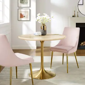 Modway Lippa 36” Round Artificial Travertine  Dining Table in Gold Travertine