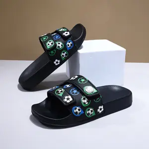 1 pair of boys' slippers with fashionable football patterns, anti slip and odor proof, suitable for home and outdoor wear, casual sports, Velcro, and a straight drag