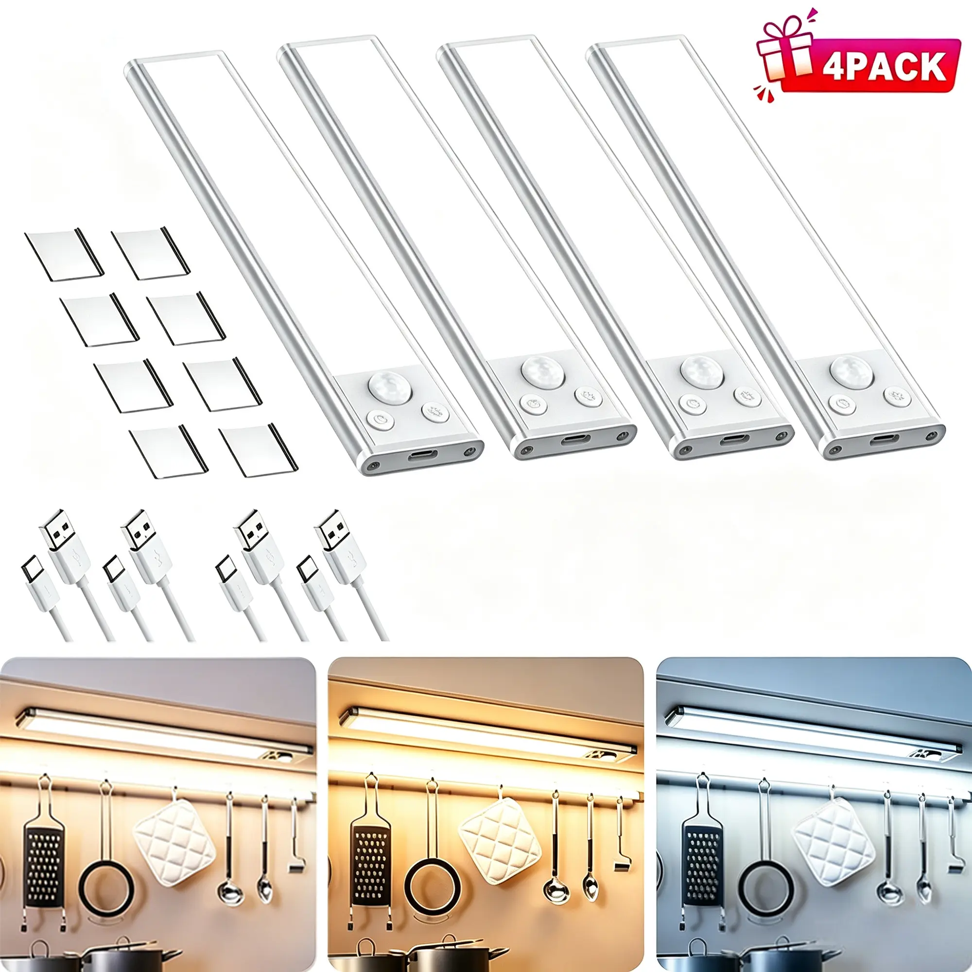 4 Pack Under Cabinet Lights, 3 Color Temps Motion Sensor Closet Lights Indoor, LED Rechargeable Wireless Under Counter Lights for Kitchen, Wardrobe, Pantry, Closet, Bathroom, Stairs, Cabinet & Garage, Nighttime Anti-fall Decorative Lamp, Gifts for Mom