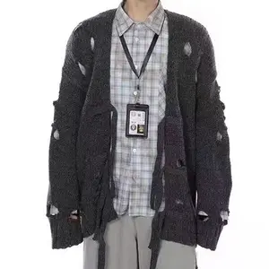 Korean Japanese Knit Distressed Holes Noragi Kimono Sweater Loose Cardigan Vintage Style Unisex Stylish Drawstring Design for Men Women