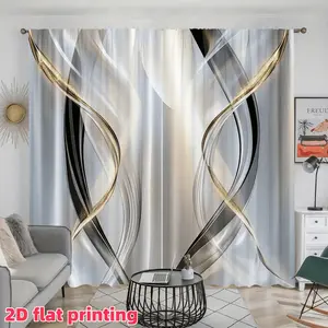 2D Flat 2Pcs Abstract Gold Silver White Black Waves Pattern Curtains, Rod Pocket Style Window Drapes, Semi-Sunshade Polyester Fiber, Suitable For Home Living Room Bedroom Balcony Kitchen Study And Shower Decoration, Access