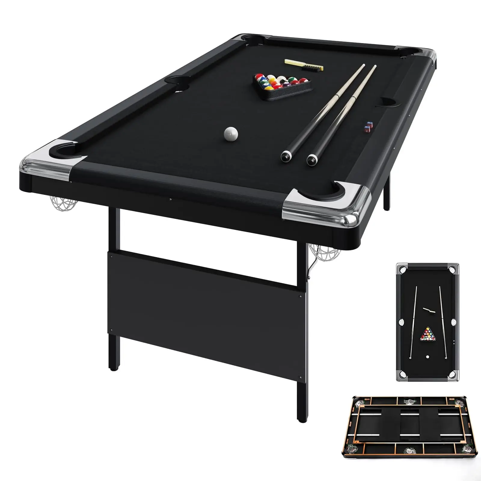 Garvee 6 Ft Folding Pool Table - Portable Billiard Table with Full Set Including 2 Cue Sticks, Billiard Balls, Chalk, and Felt Brush for Family Game Room Fun