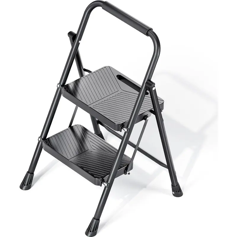 Folding 2 Step Ladder, Portable Ladder for Multi-Purpose, Home, Kitchen, Heavy Sturdy Steel Step Stool with Anti-Slip Wide Pedals, Handrail, Safe-Lock Design, Pass 500lbs Load Testing, Black