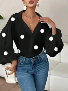 A new niche fashionable French polka half-open collar design loose bubble long-sleeved top Blouse
