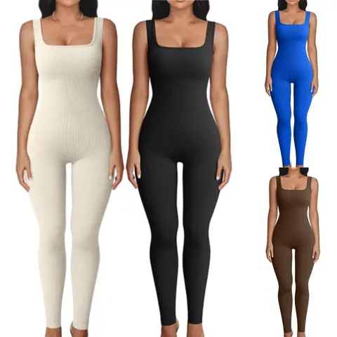 Women's Yoga Ribbed Tank Top Jumpsuit Gym Square Neck Sleeveless One Piece Jumpsuits Women's Backless