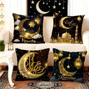 4pcs Set Ramadan-themed cushion covers with crescent moon and castle patterns, made of polyester, perfect for creating a festive atmosphere in your living room, bedroom, or car. 18*18 inc (inserts not included)