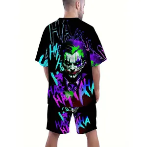 Digital Print Clown Summer Pattern Men's Casual Two-Piece Set, Round Neck Short Sleeve T-Shirt and Drawstring Pocket Shorts, Micro Elastic Knit Fabric, Regular Fit Outdoor Sports Suit