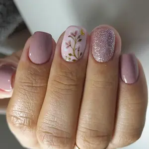 24 Pieces of Purple Floral Press-On Nails, Short Square Acrylic